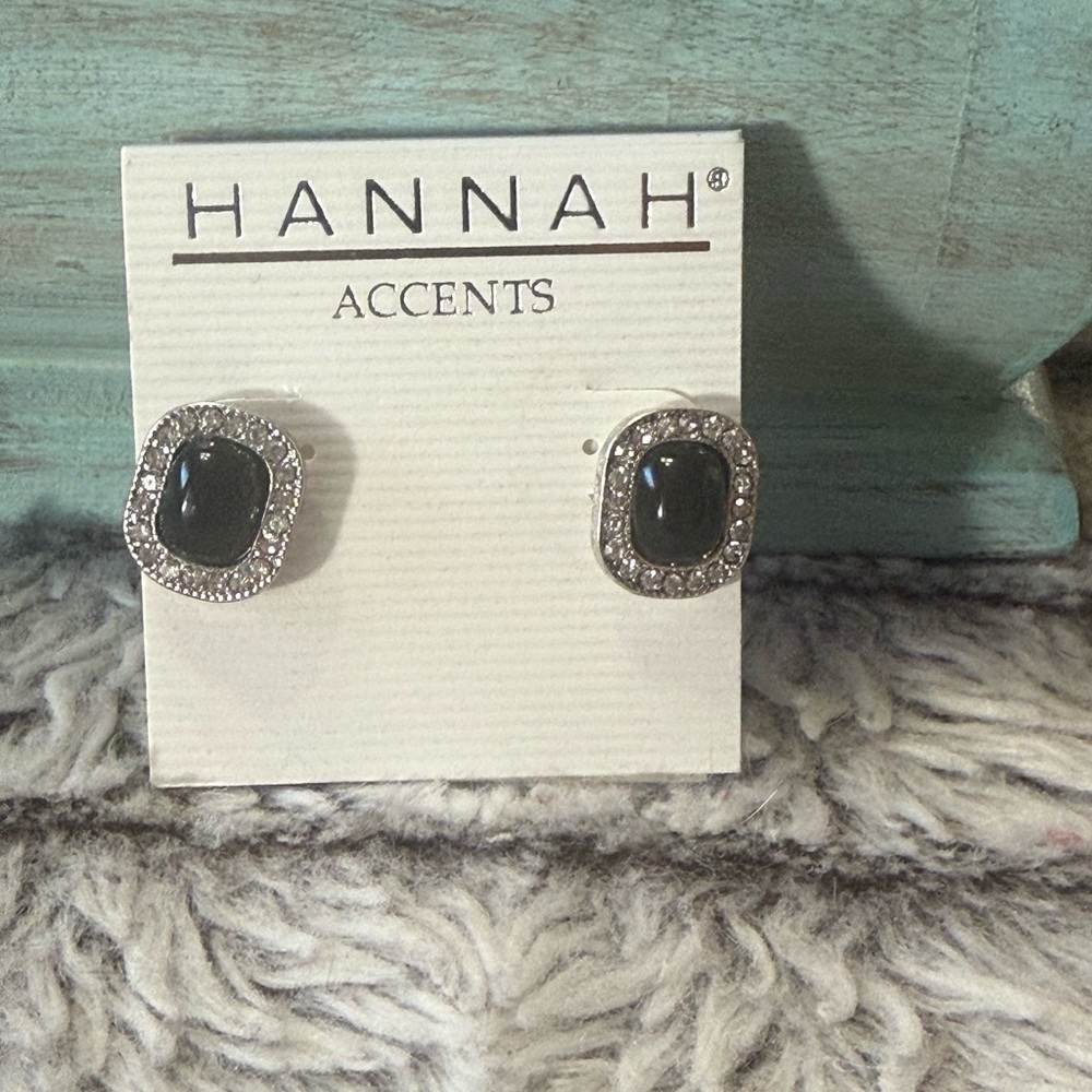 NWT Hannah Accents Black & Silver-Toned Earrings w Rhinestones